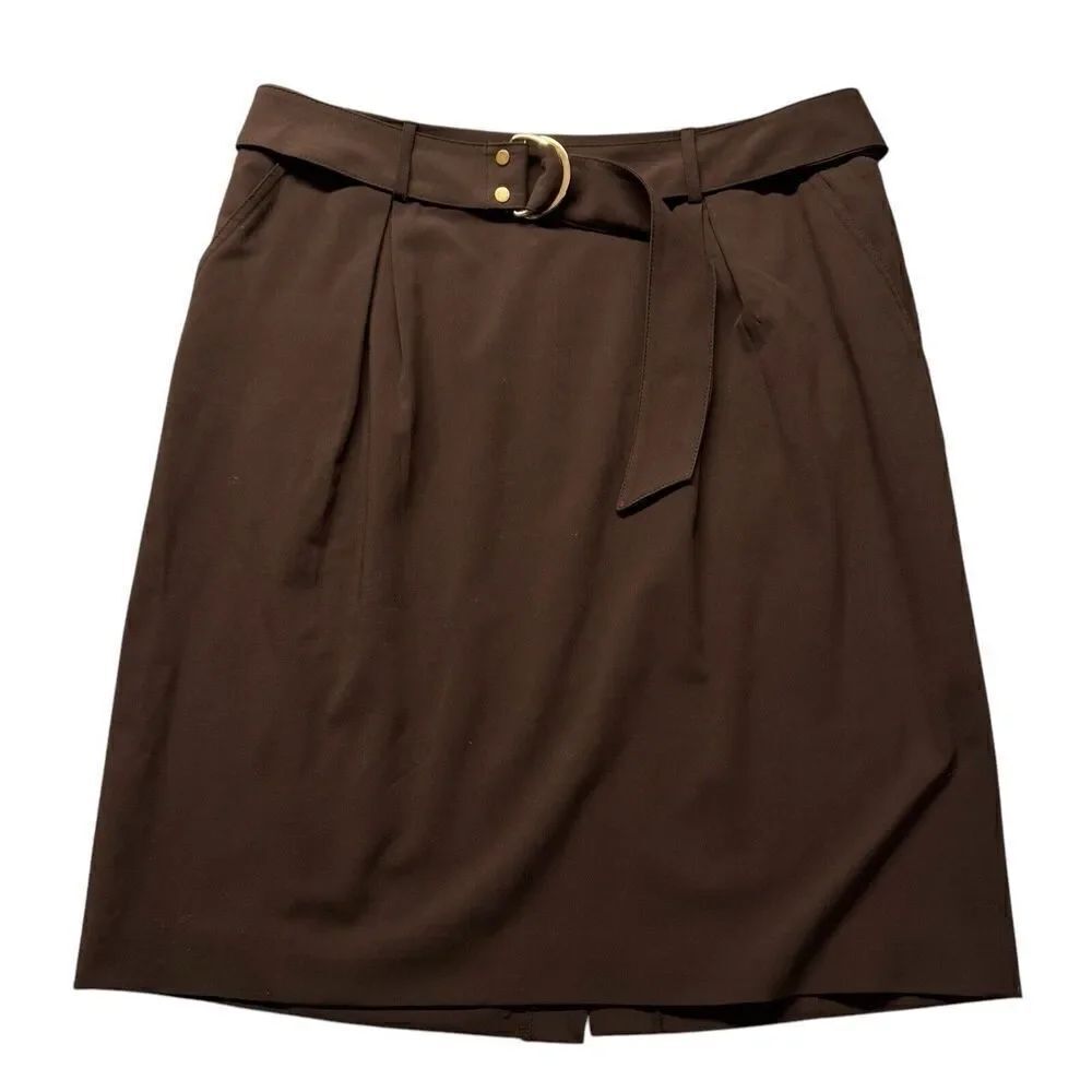 Style & Co Women's Skirt Sz 12 Stretch Belted Side Zipper Slit Pockets Brown